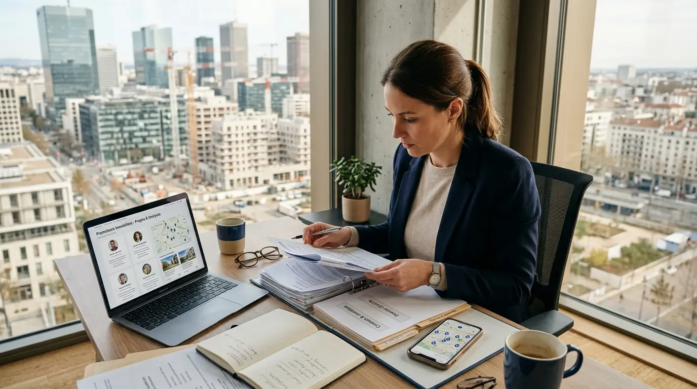 Analyste examinant des documents sur l'art immobilier construction dans un cadre urbain moderne, avec bâtiments en arrière-plan.