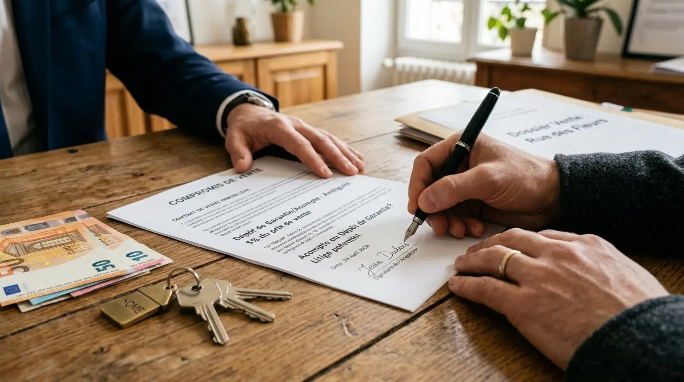 Deux mains signent un contrat sur un bureau, avec des euros et une clé, illustrant l'article 1590 du code civil.