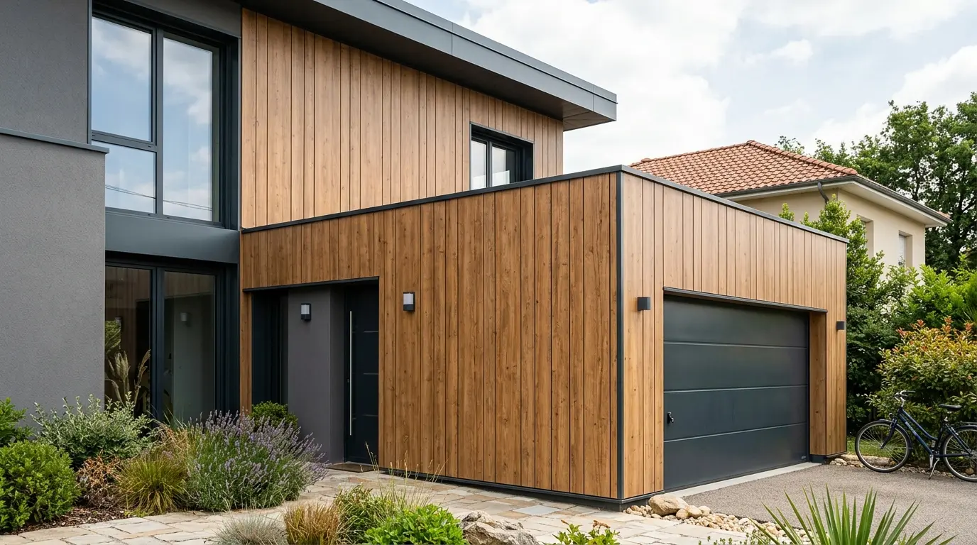 Bardage tole imitation bois sur une façade moderne, alliant esthétique bois et durabilité métallique, ambiance chaleureuse.