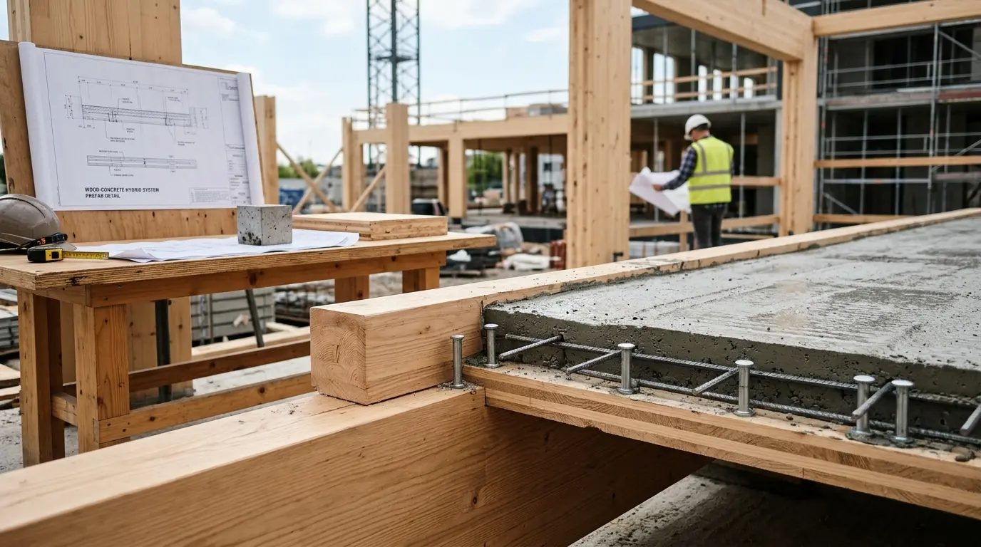 Couverture d'article sur bois beton, montrant un chantier moderne avec un sol mixte bois et béton, plans architecturaux en arrière-plan.
