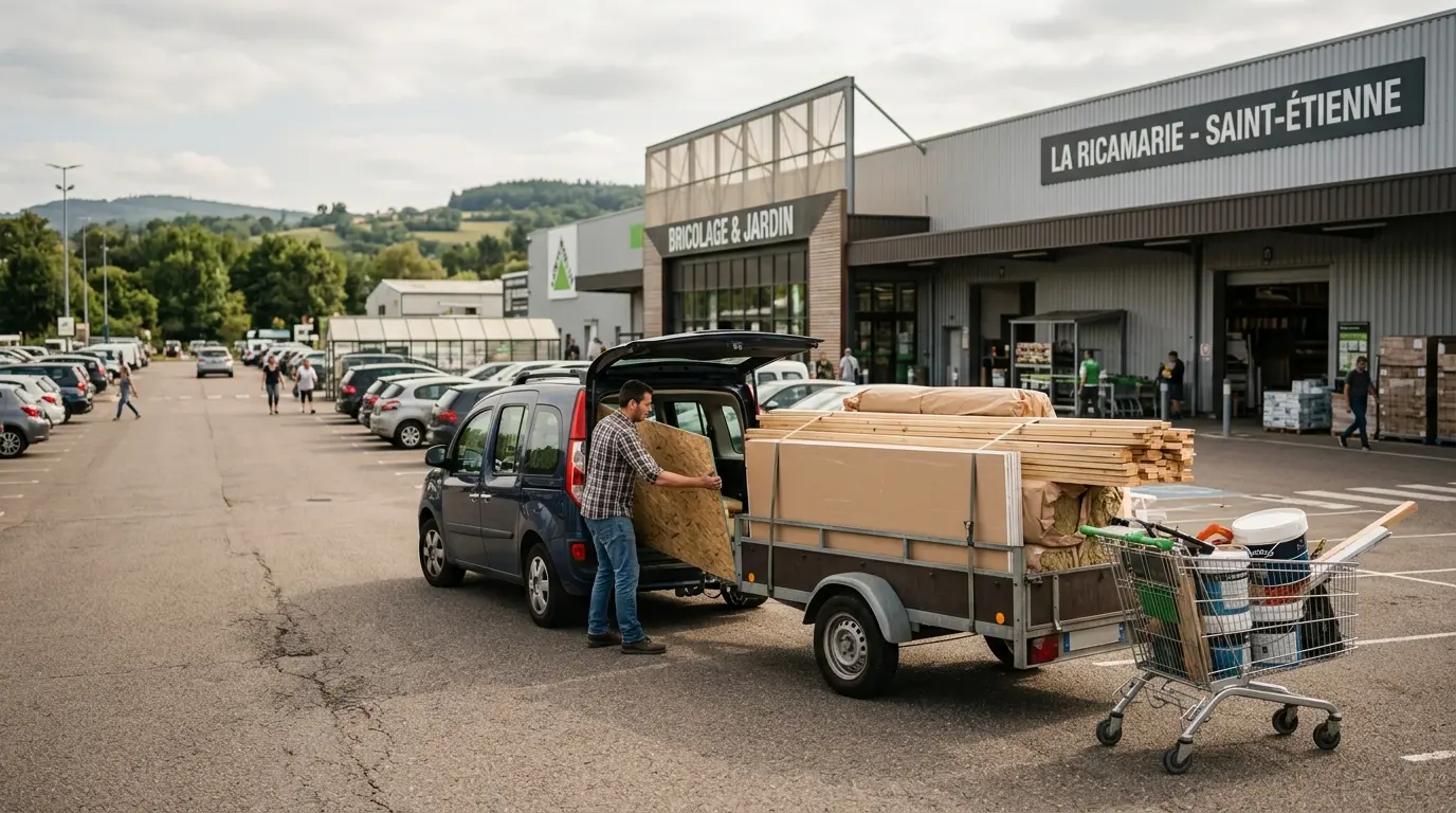 Bricodepot La Ricamarie avec clients chargeant des matériaux dans un parking, ambiance chaleureuse et réaliste.