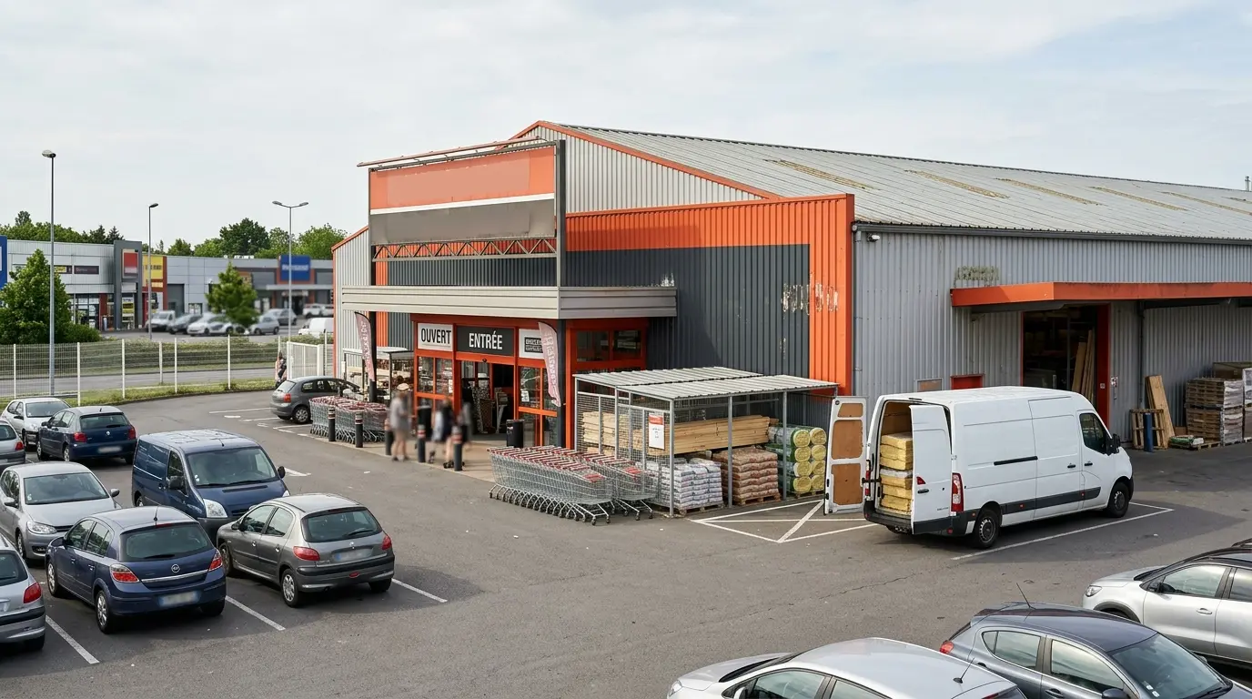 Extérieur du Brico Dépôt Leers avec parking, accès pratique et ambiance de magasinage pour matériaux de bricolage.