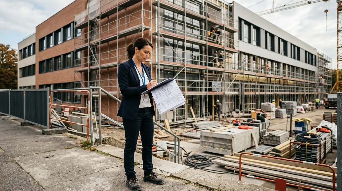 Renovation d'une école avec un architecte examinant des plans, illustrant le ccag moe en gestion de projets publics.