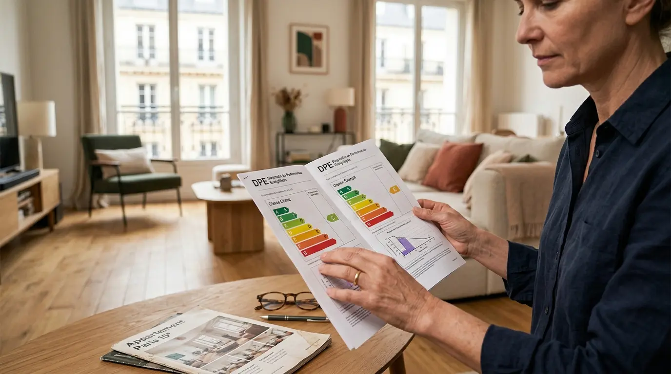 Intérieur moderne d'appartement avec un certificat de classes énergétiques en main, ambiance chaleureuse et informative.