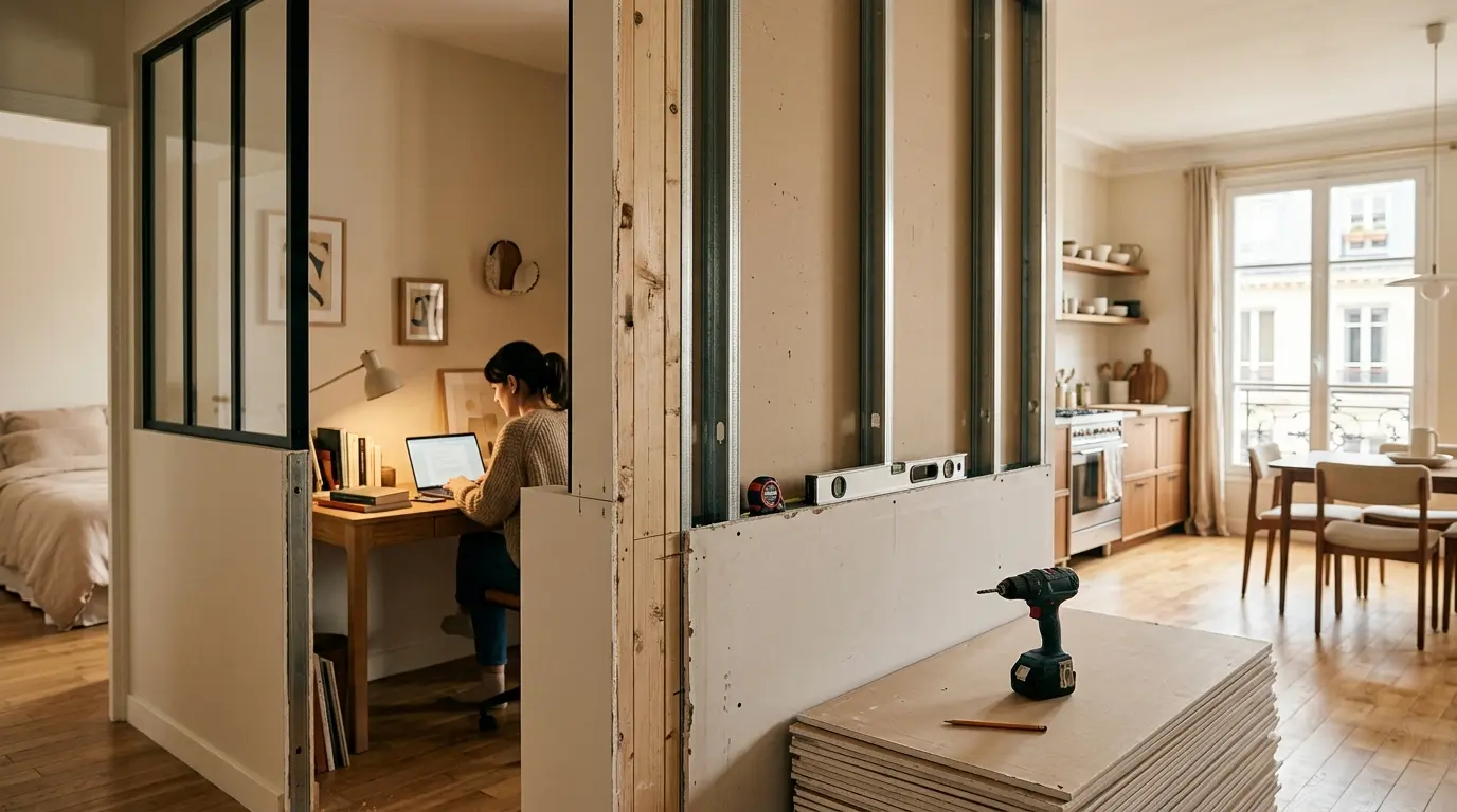 Cloisons intérieures dans un appartement moderne, montrant un bureau cosy et une cuisine en rénovation avec détails de construction.