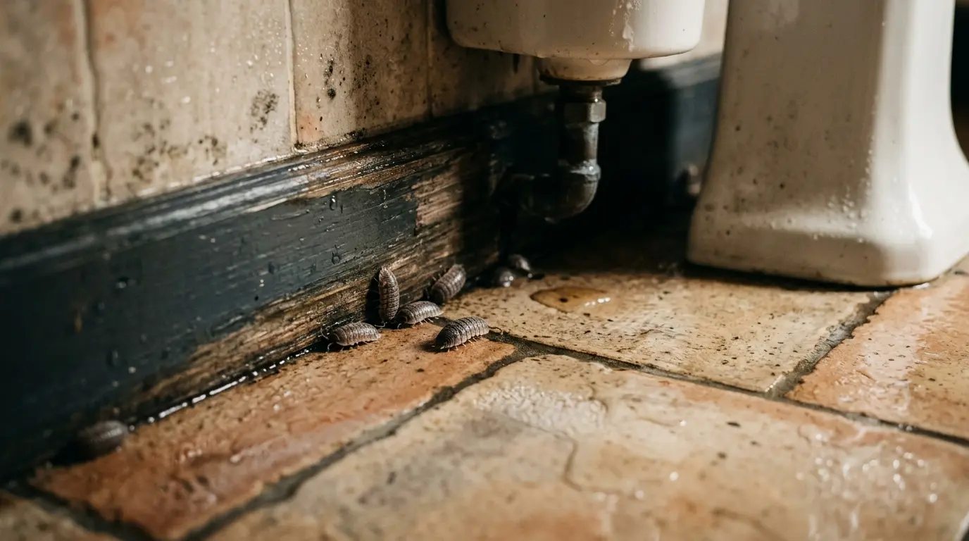 Cloportes maison gris se rassemblent près d'une plinthe dans une salle de bain humide, sur un sol carrelé légèrement mouillé.