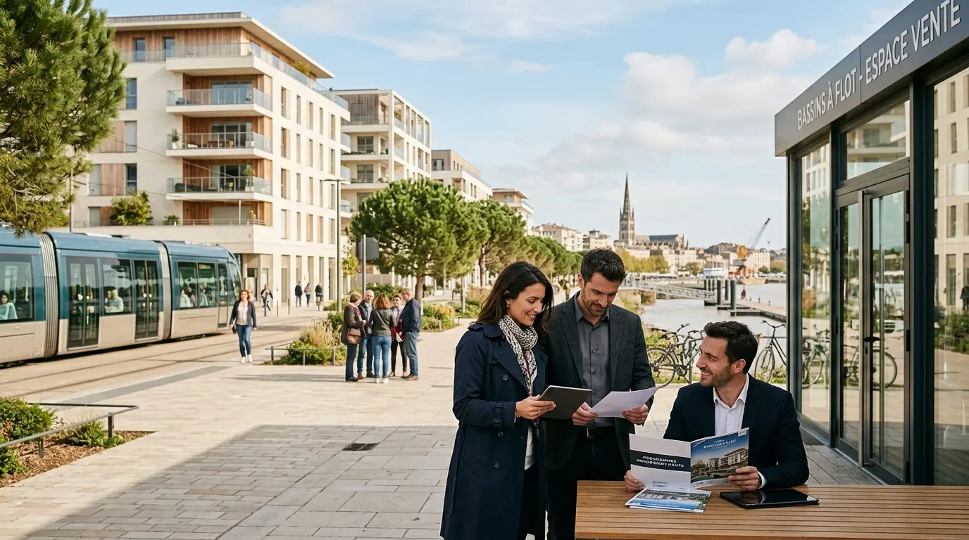 Couple examinant des documents près d'un bureau de vente immobilière dans un quartier moderne de cogedim Bordeaux.