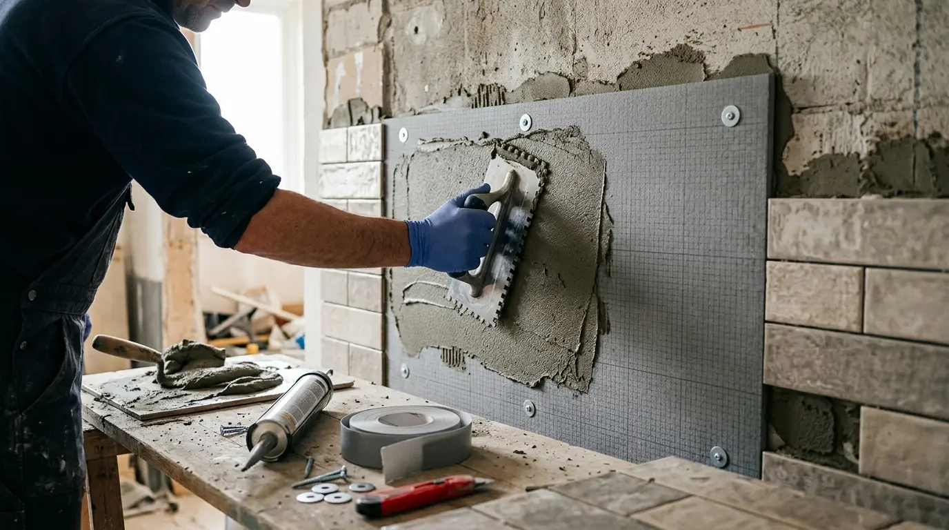 Travailleur appliquant de la colle pour wedi sur un panneau mural, avec outils et matériaux de rénovation visibles.