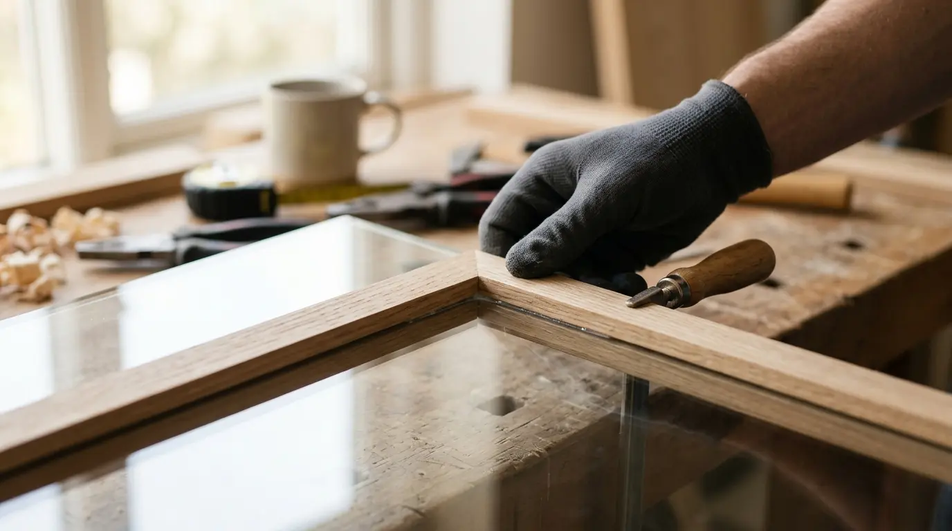 Coller bois sur verre : bande de bois clair fixée sur une surface en verre, ambiance DIY, précision et contraste naturel.