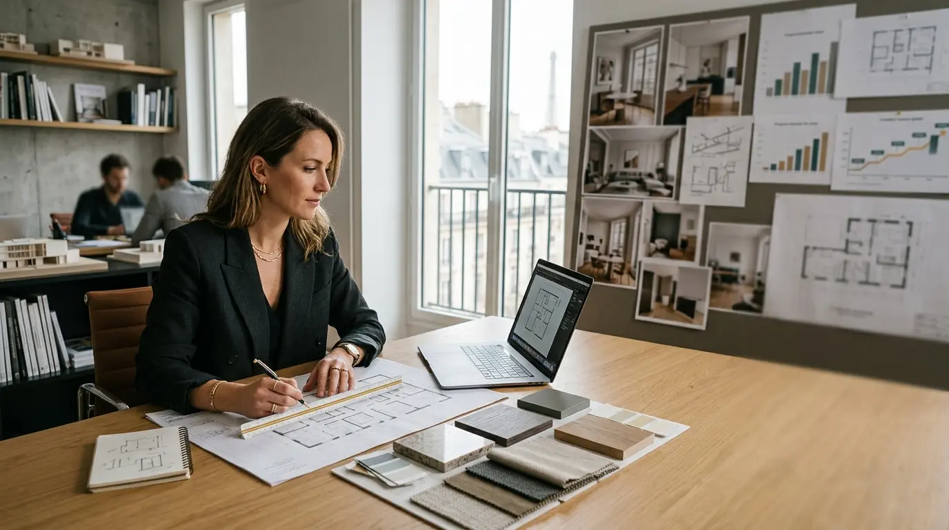 Stylish espace de travail d'un architecte d'intérieur examinant des plans, illustrant combien gagne un architecte d'intérieur.