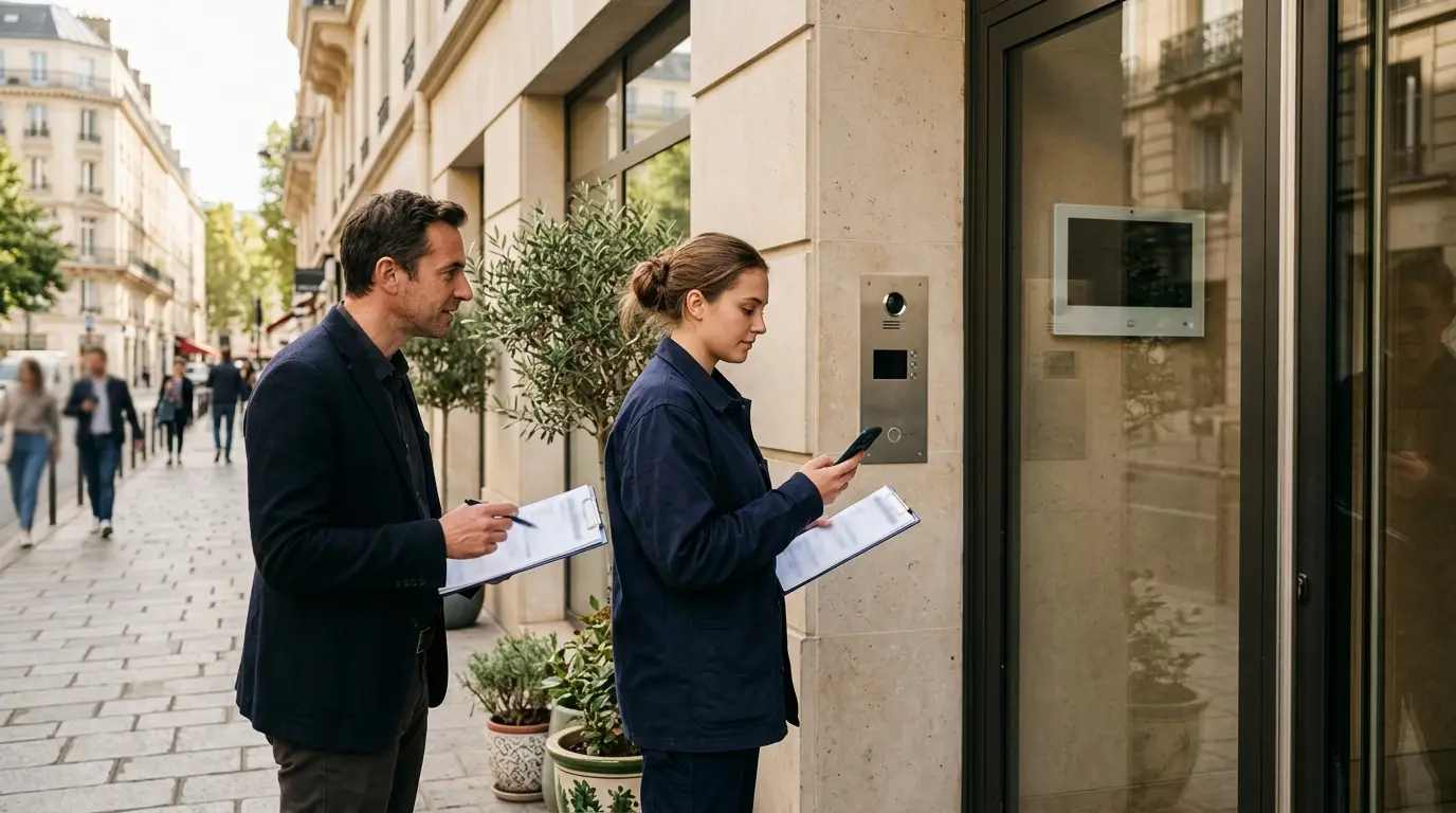 Entrée d'immeuble moderne avec interphone, technicien vérifiant le système Comelit France en milieu urbain.