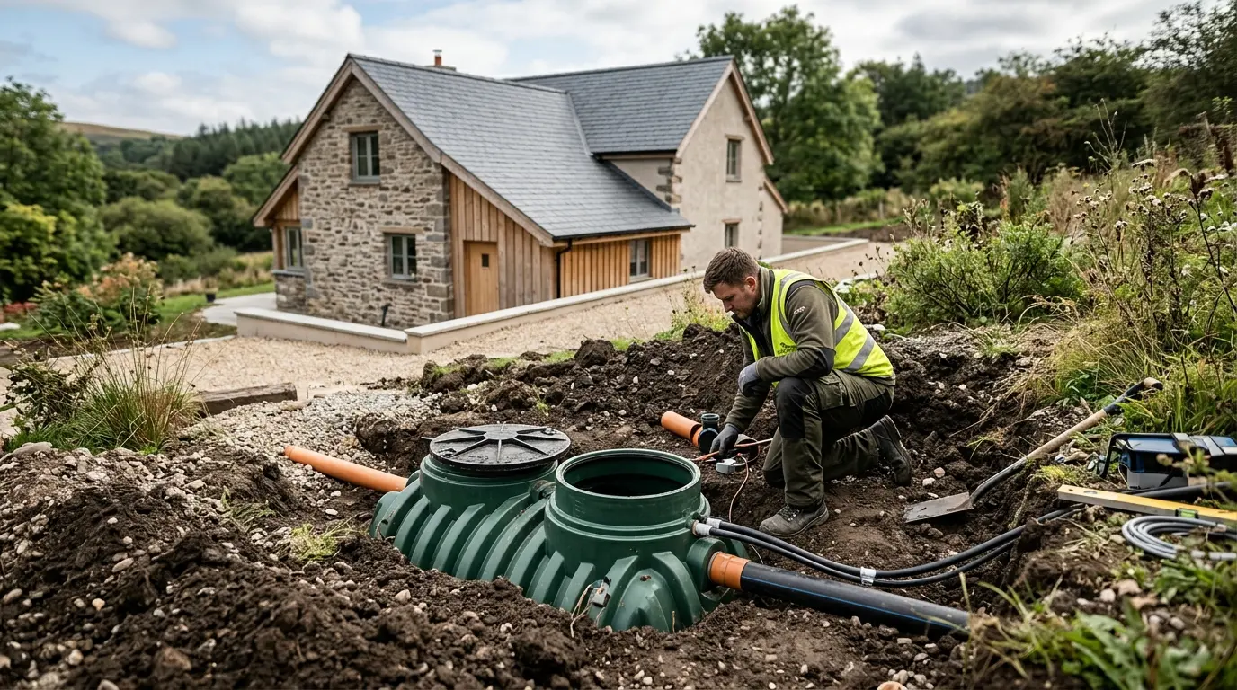Installation d'une filière compacte pour le traitement des eaux usées sur un petit terrain près d'une maison rénovée.