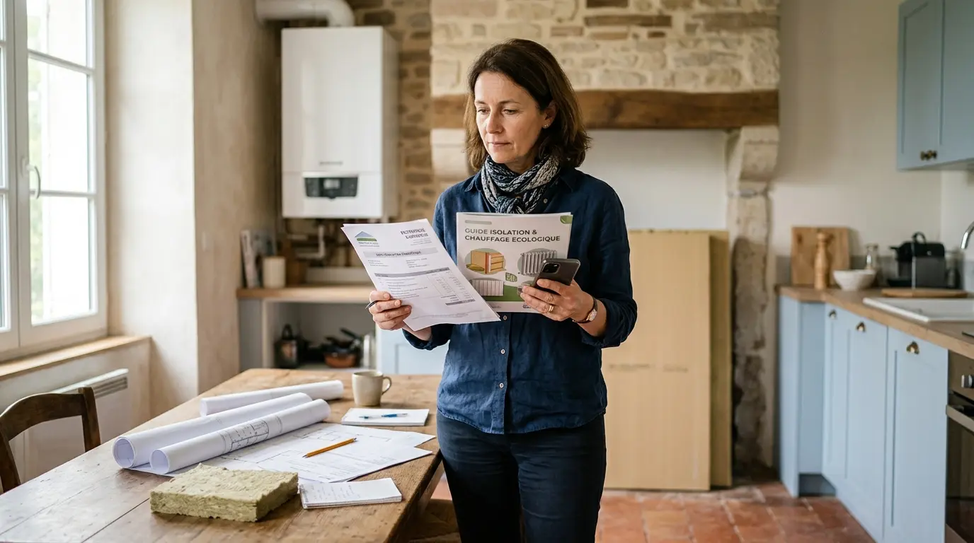 Propriétaire français examinant des documents de rénovation dans une cuisine lumineuse, illustrant france renov contact.