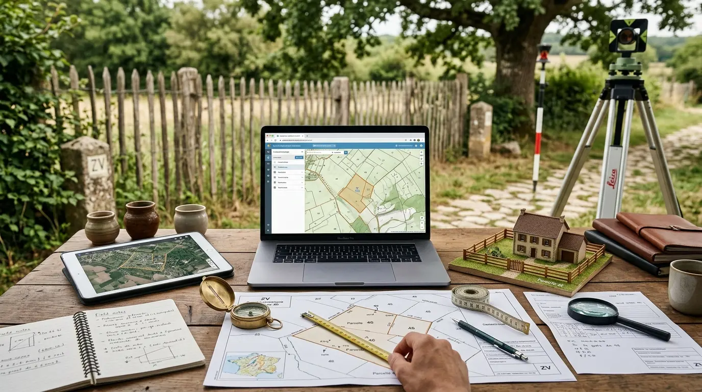 Espace de travail d'un geofoncier expert avec carte cadastrale, documents de terrain et outils de mesure sur fond rural.