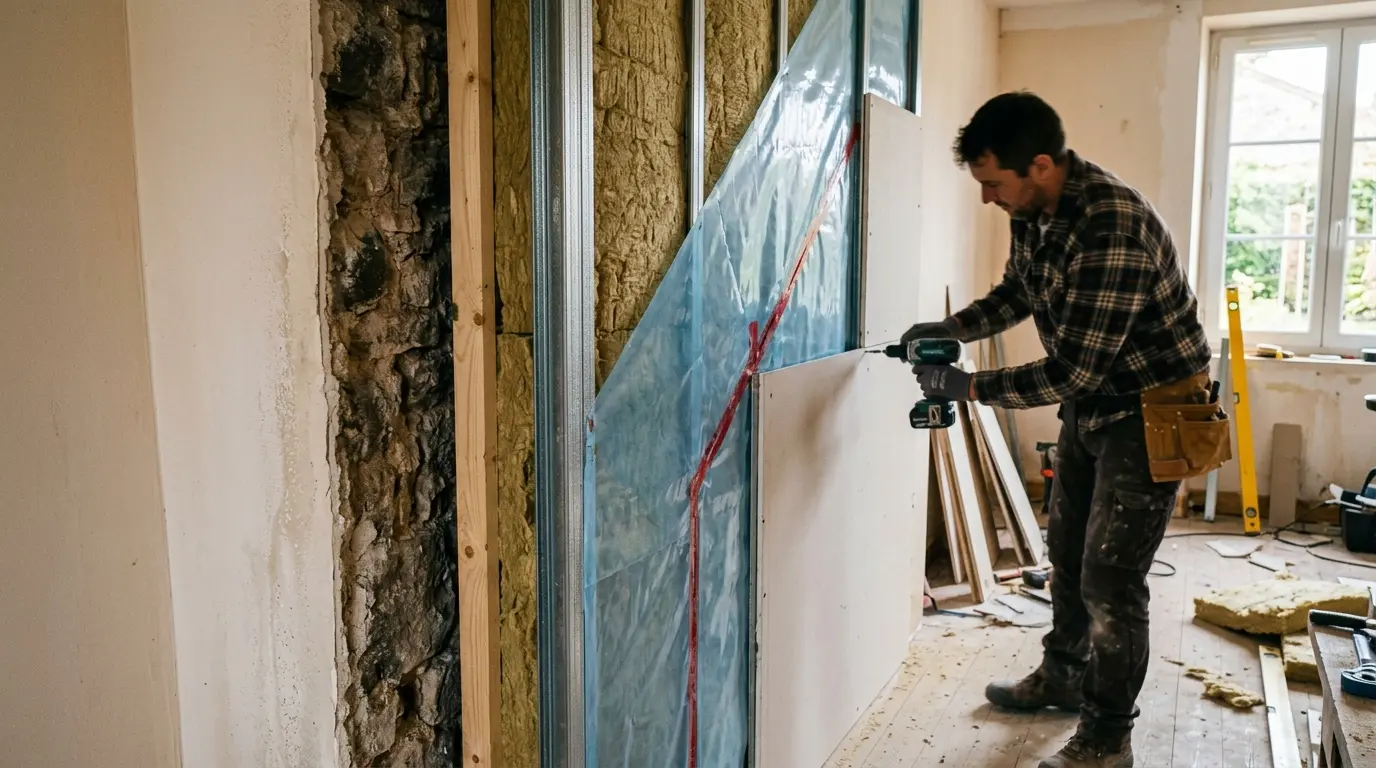 Coupe d'un mur intérieur avec isolant air, montrant les couches d'isolation et signes de condensation dans une rénovation.
