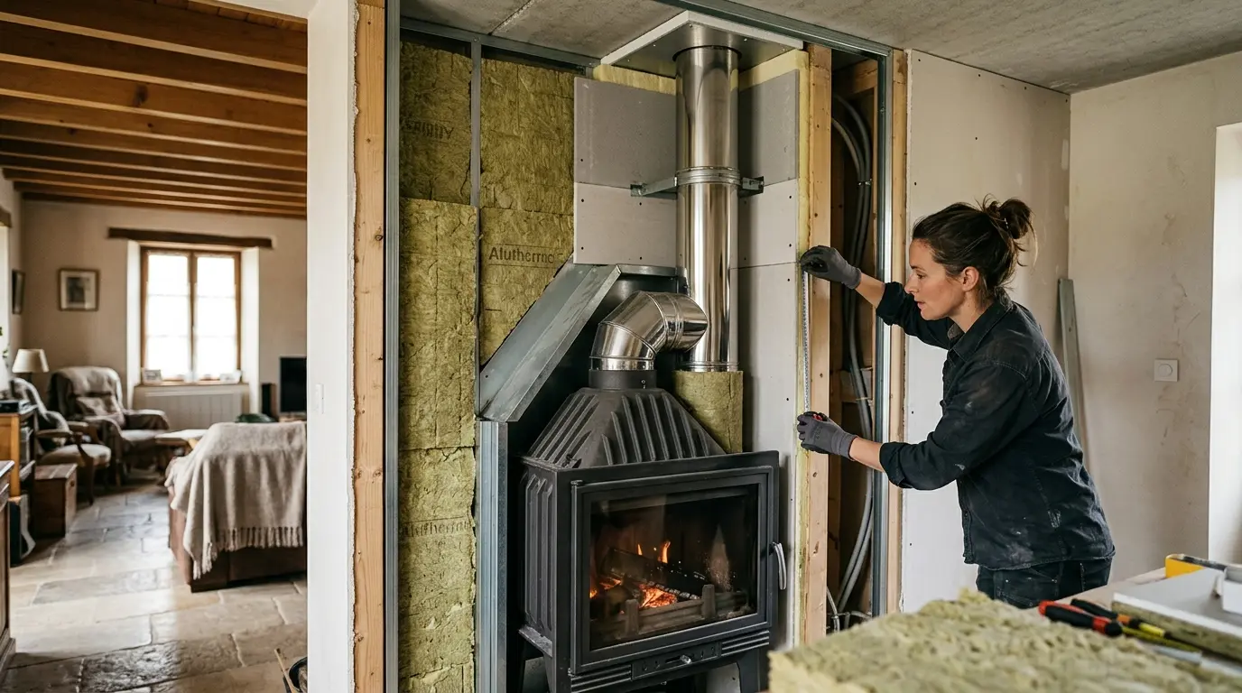 Coupe d'une installation de cheminée moderne avec isolant pour cheminée, matériaux en détail et ambiance chaleureuse.