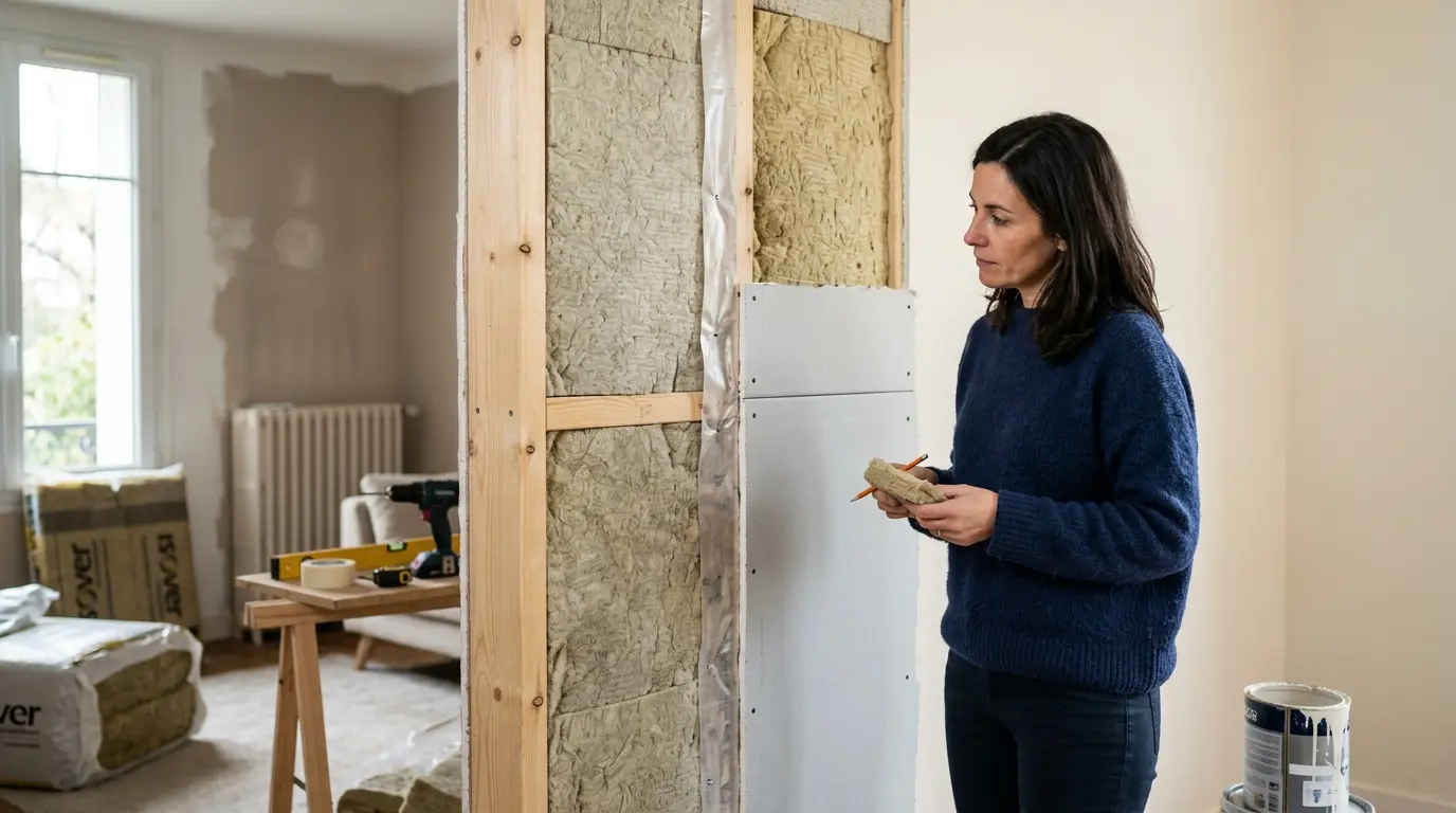 Scène de rénovation intérieure avec un mur partiellement isolé, mettant en avant l'isolant thermique mural et un propriétaire en réflexion.