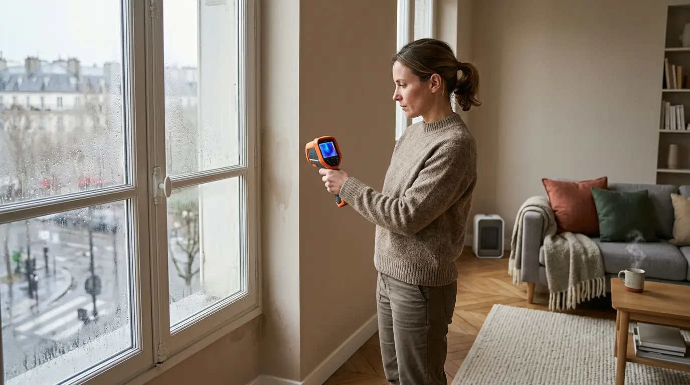Couverture d'article sur l'isolation appartement intérieur, montrant un professionnel inspectant un mur avec une caméra thermique.