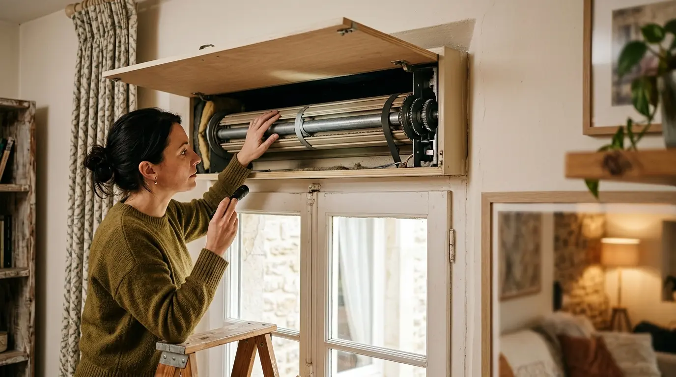 Inspection d'un caisson de volets roulants pour vérifier l'isolation et les courants d'air dans un intérieur chaleureux.