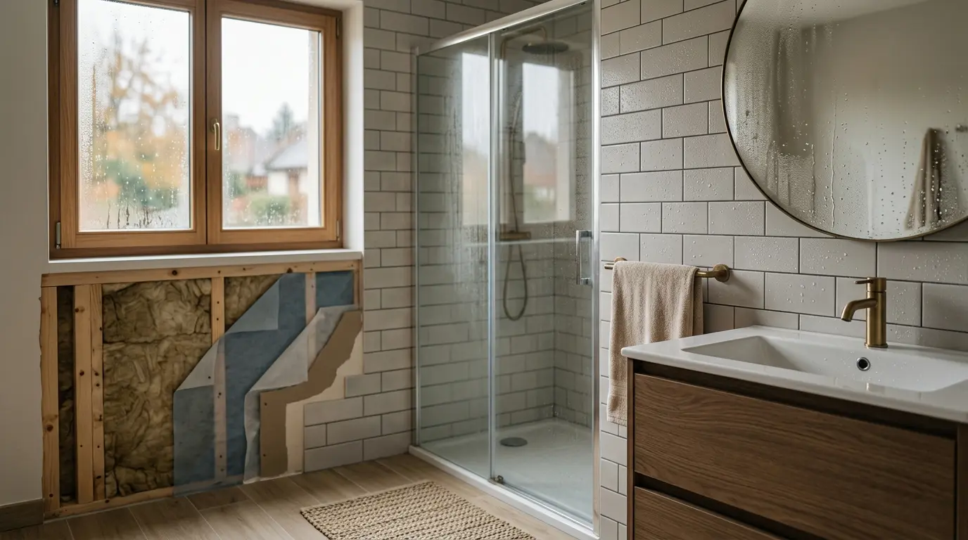 Modernité d'une salle de bain avec condensation, évoquant l'importance de l'isolation de salle de bain pour prévenir l'humidité.