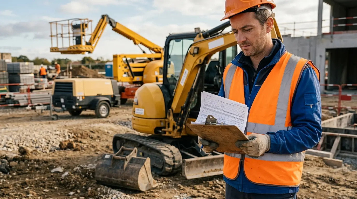 Professionnel sur un chantier avec mini excavateur, nacelle et compresseur, illustrant la location materiel comptoir-du-btp.fr prix.