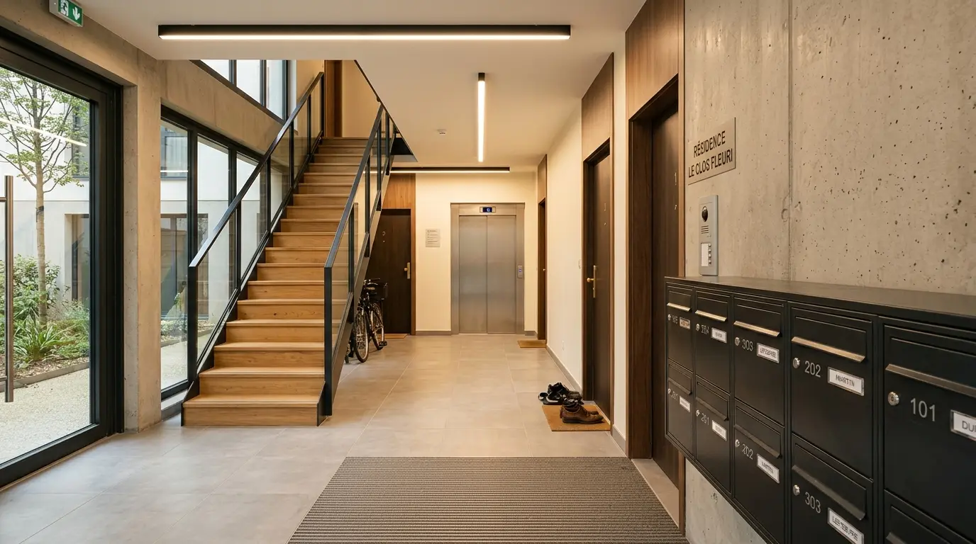 Entrée d'un bâtiment moderne en logement collectif avec hall commun, escalier partagé et détails architecturaux chaleureux.