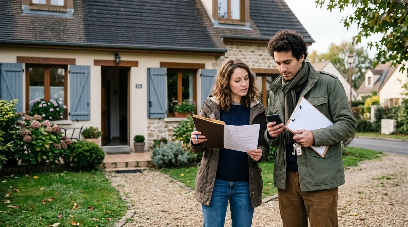 Couple attentif devant une maison modeste, préparant la location d'une maison particulière avec documents et smartphone.