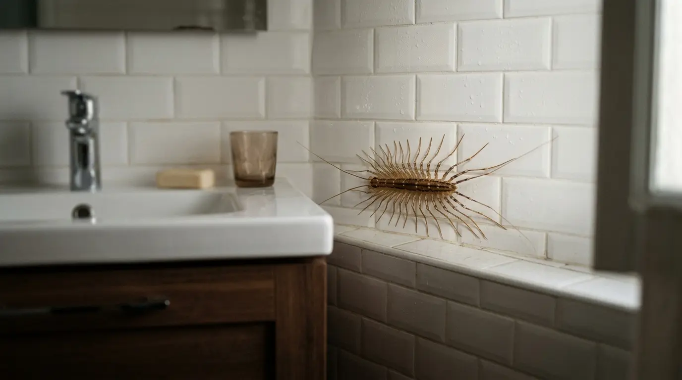 Mille patte maison courant sur un mur de salle de bain moderne, ambiance légèrement humide et lumière naturelle.