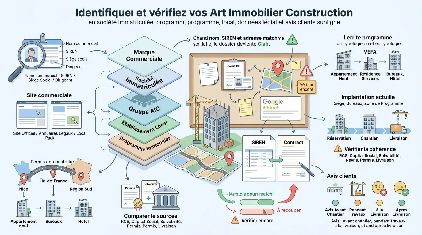 Infographie éducative sur l'art immobilier construction, illustrant l'identification et la vérification des entités et programmes.