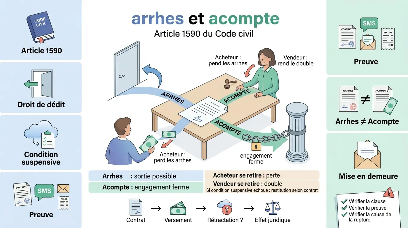 Infographie éducative sur les arrhes et acomptes selon l'article 1590 du code civil, illustrant les différences avec des métaphores visuelles.