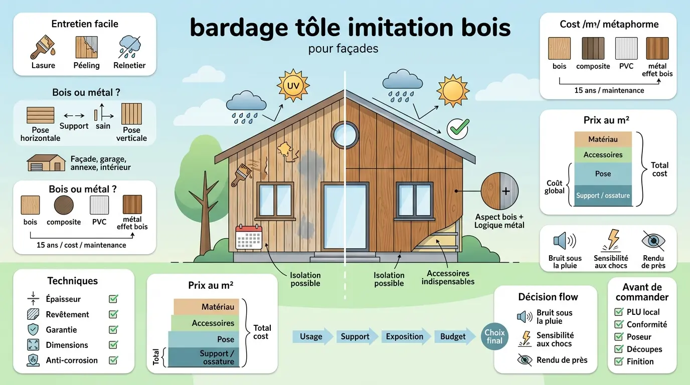 Infographie éducative sur bardage tôle imitation bois, comparant façades bois et métal, avec conseils d'entretien et coûts.
