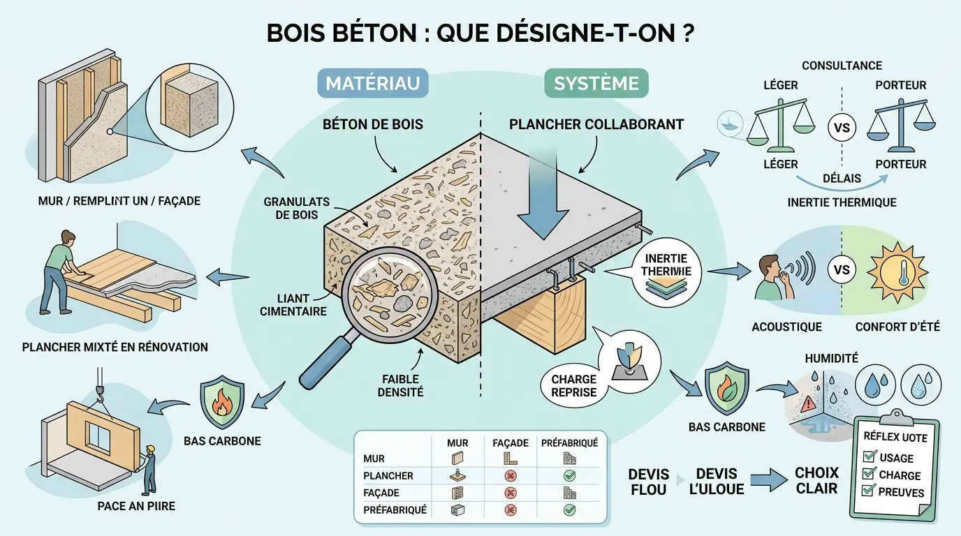Infographie éducative sur le bois beton, illustrant ses différentes réalités : matériau léger, système mixte et plancher collaborant.