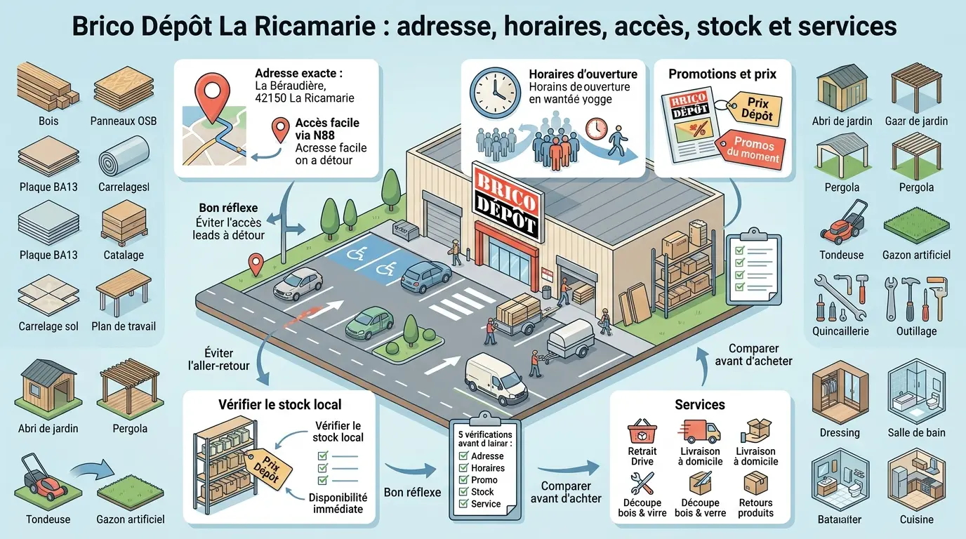 Infographie éducative sur bricodepot la ricamarie : adresse, horaires, services, stock et conseils pratiques.