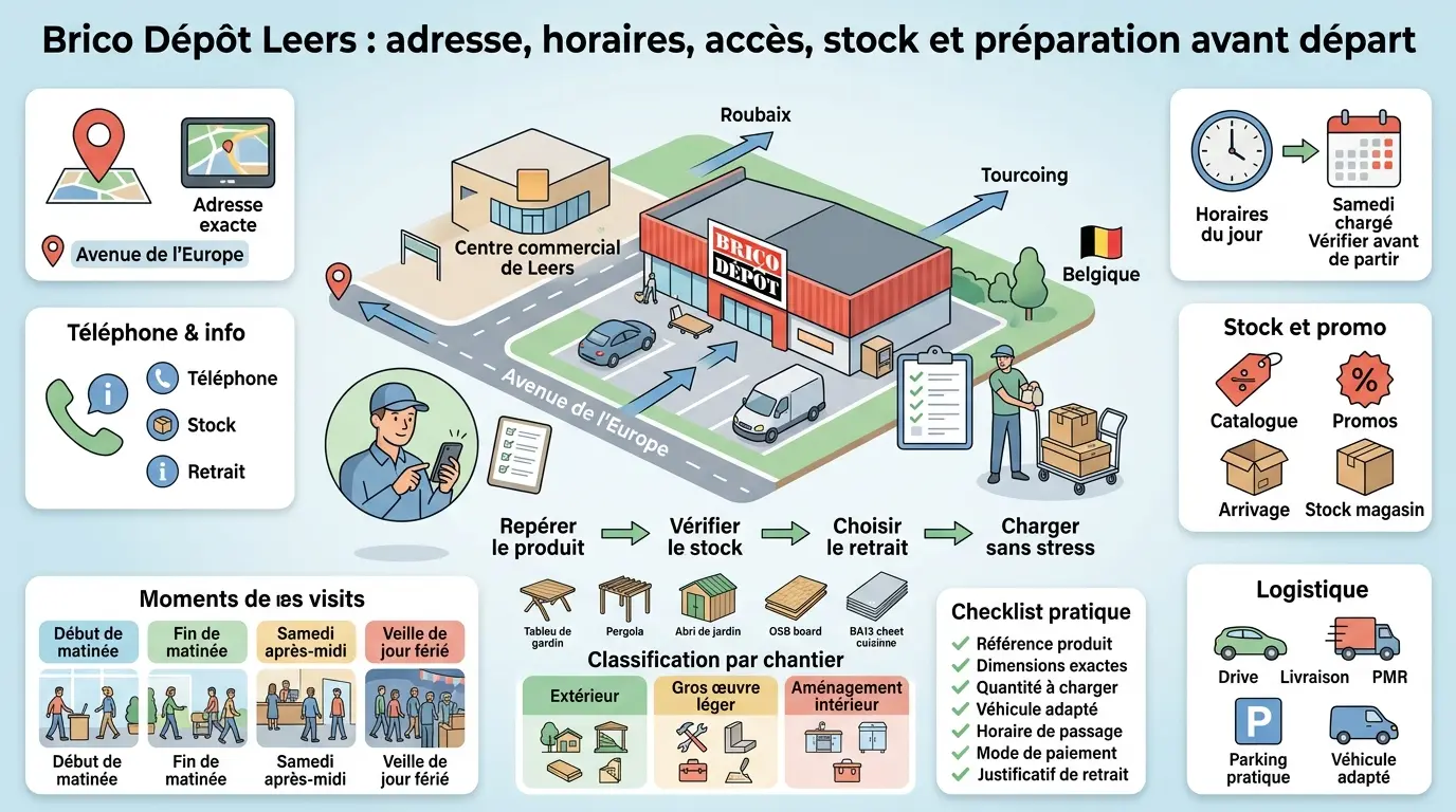 Infographie éducative sur bricodepot leers : adresse, horaires, accès, stock, préparation avant départ, avec illustrations et métaphores visuelles.