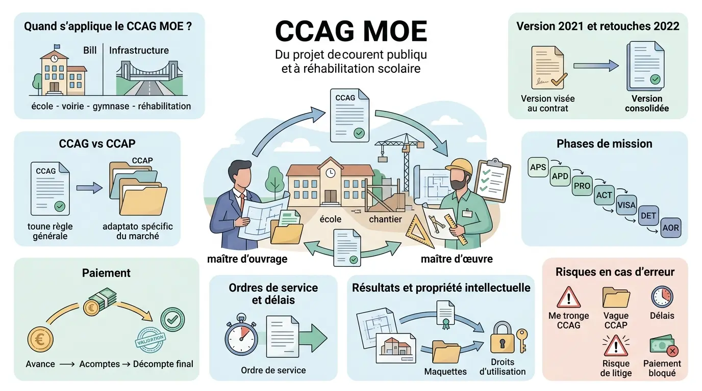 Infographie éducative sur le ccag moe illustrant un projet de réhabilitation scolaire avec maîtres d'ouvrage et d'œuvre.