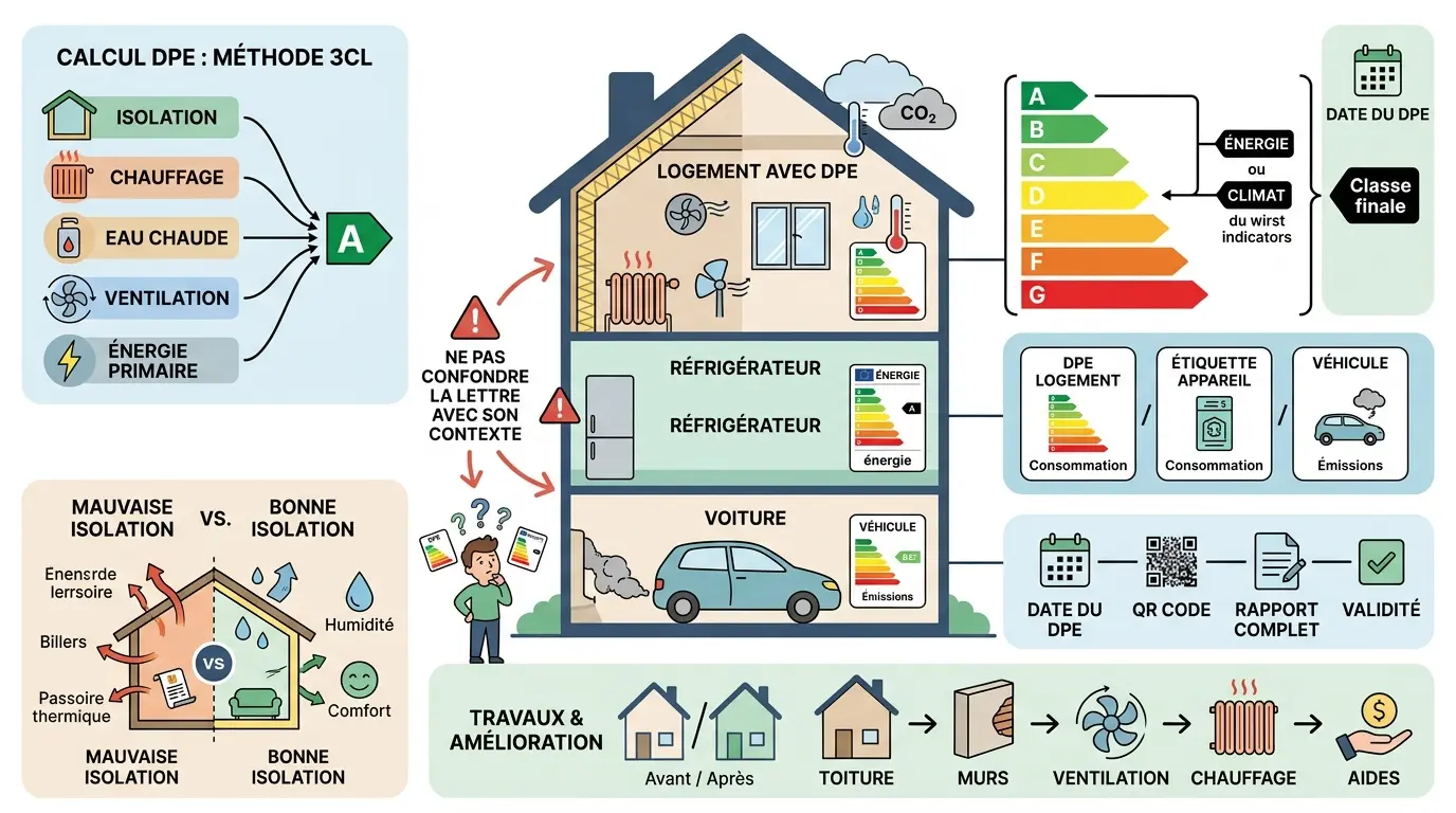 Infographie éducative sur les classes énergétiques, illustrant la lecture des étiquettes DPE, appareils et véhicules avec métaphores visuelles.