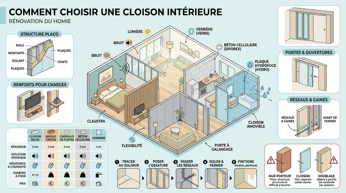 Infographie éducative sur les cloisons intérieures, montrant différents types et leur impact sur l'espace et l'isolation.