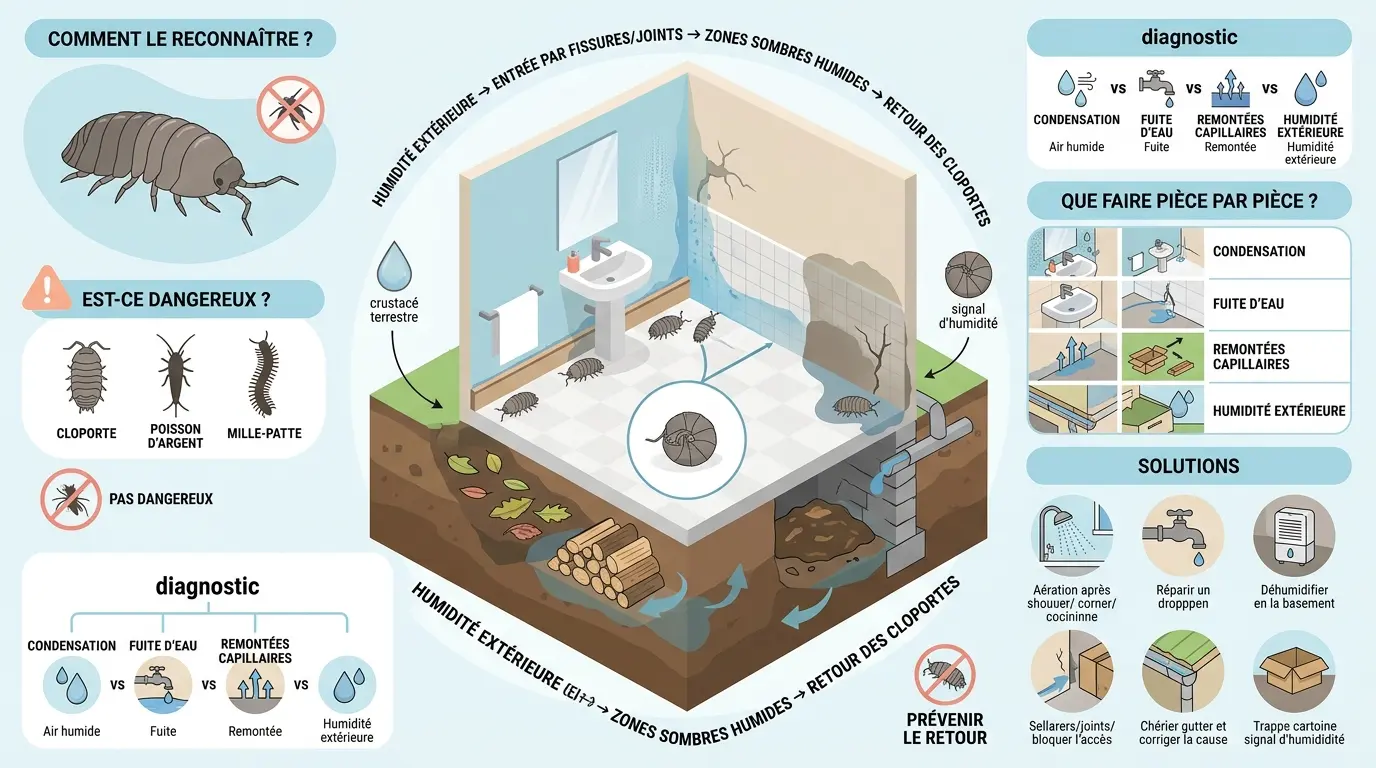 Infographie éducative sur les cloportes maison, montrant leur habitat, causes d'humidité et solutions pratiques.