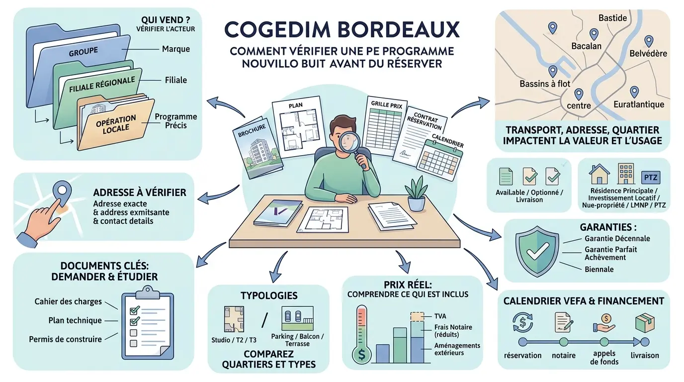 Infographie éducative sur cogedim bordeaux, montrant les étapes pour vérifier un programme immobilier neuf avant réservation.