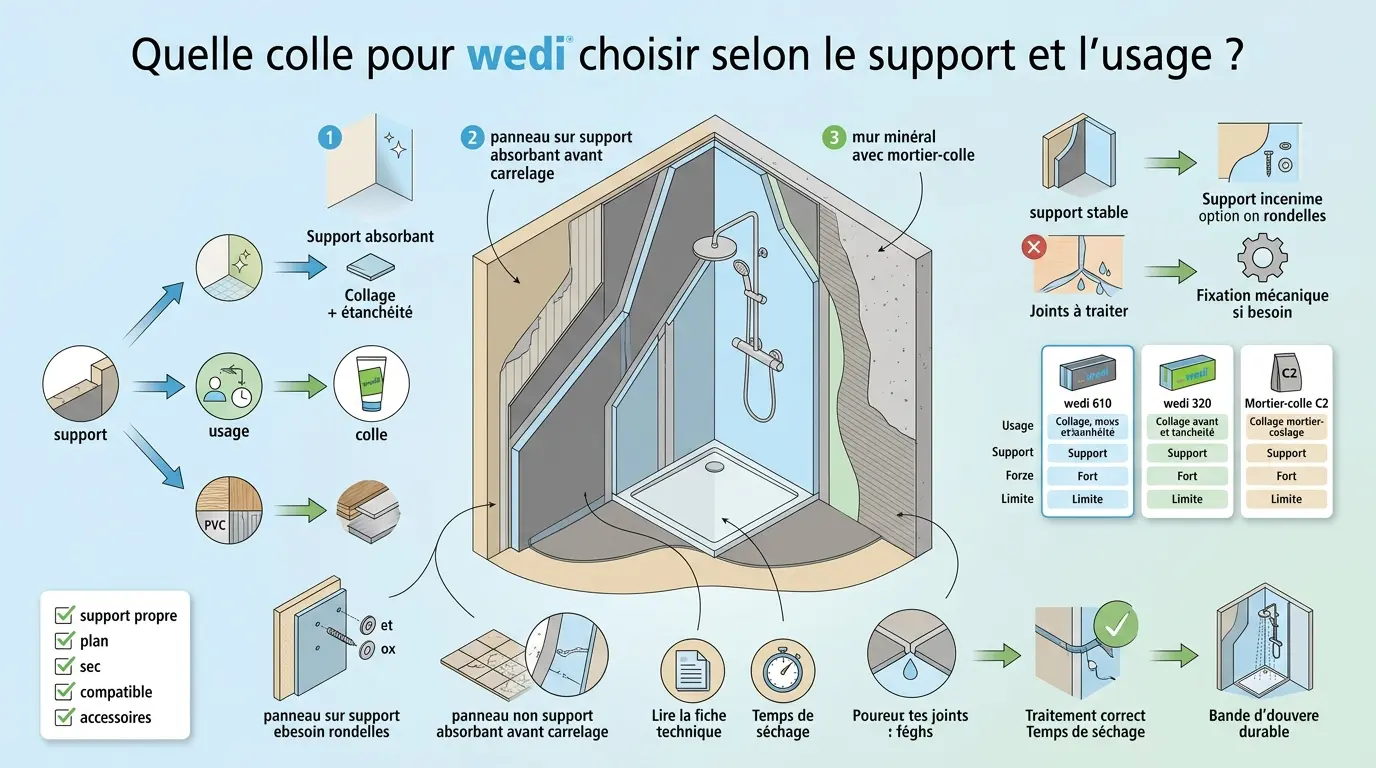 Infographie éducative sur quelle colle pour wedi choisir selon le support et l'usage, avec schémas et comparatif.