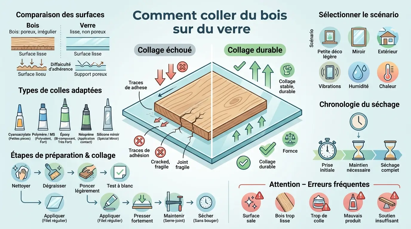 Infographie éducative montrant comment coller bois sur verre, avec des comparaisons de matériaux et des étapes de collage.