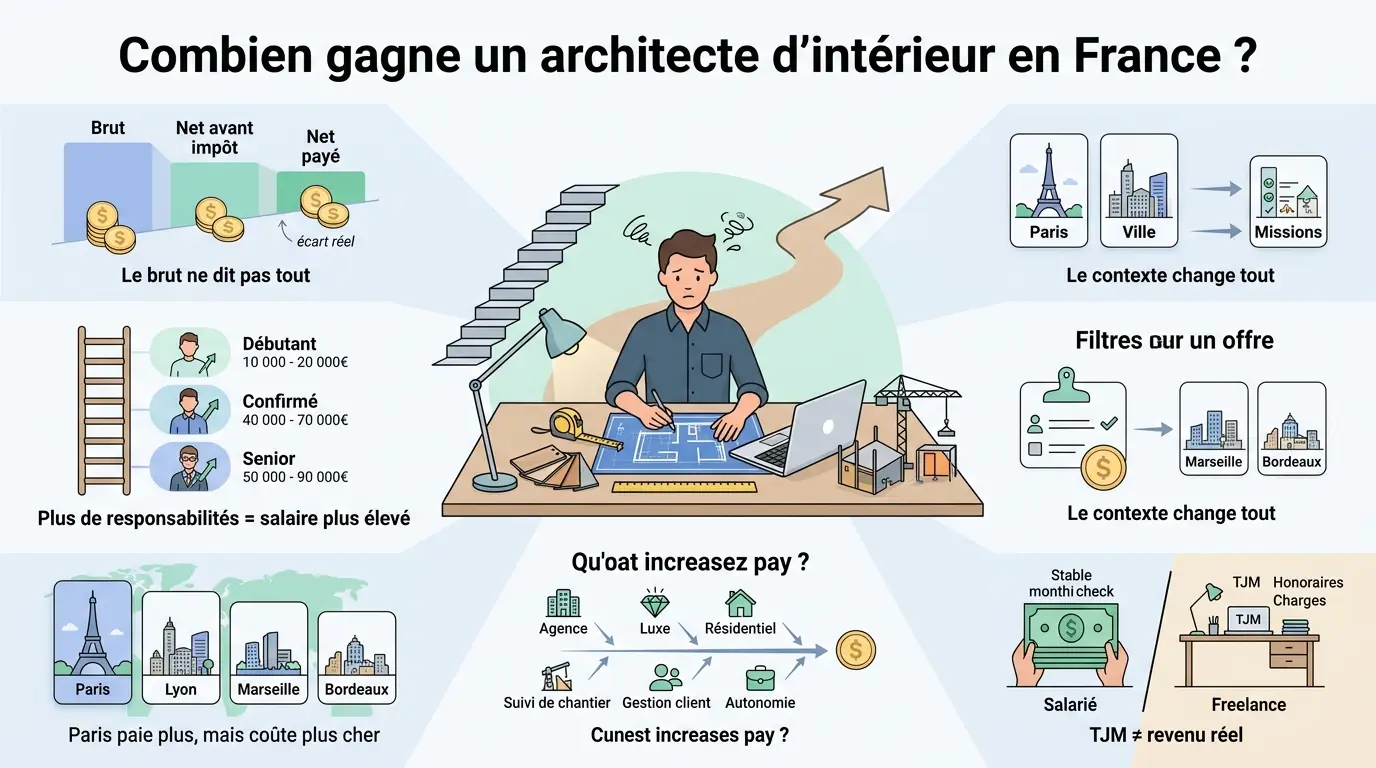 Infographie éducative sur combien gagne un architecte d'intérieur en France, illustrant salaires, expérience, villes et comparaison salarié vs freelance.