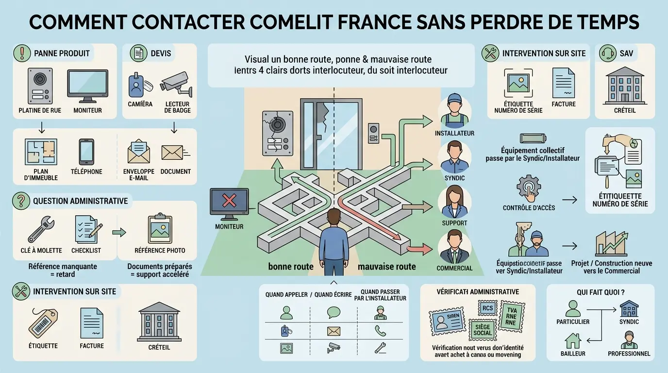 Infographie éducative sur comment contacter Comelit France, illustrant les bonnes démarches selon les problèmes rencontrés.
