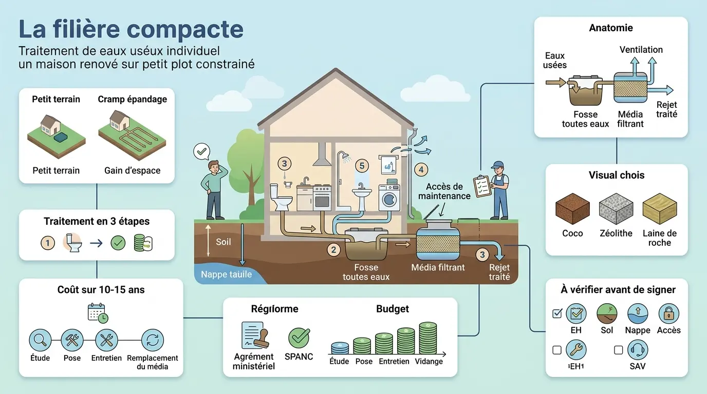 Infographie éducative sur la filière compacte pour le traitement des eaux usées dans une maison rénovée sur un petit terrain.