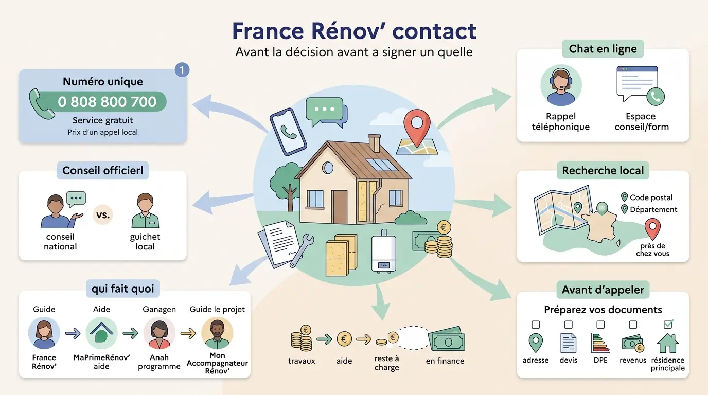 Infographie éducative sur france renov contact, montrant le chemin décisionnel pour la rénovation de maison avec conseils et contacts.
