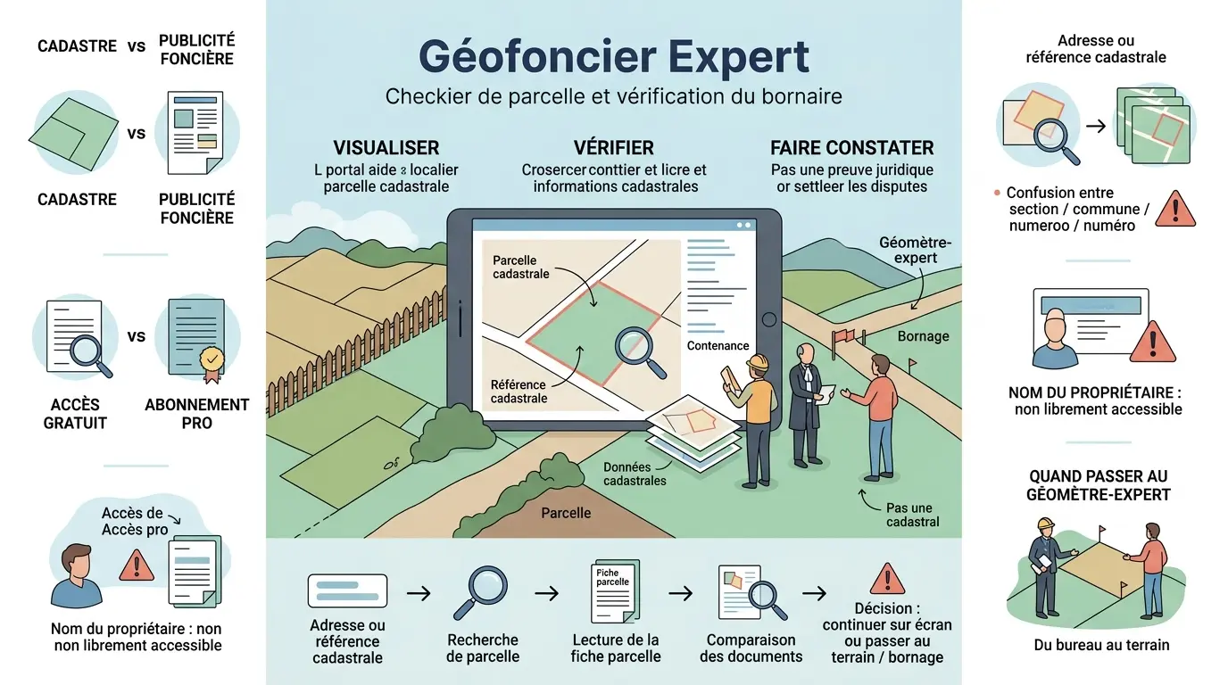 Infographie éducative sur le géofoncier expert, illustrant la vérification de parcelles et la transition vers l'intervention sur le terrain.