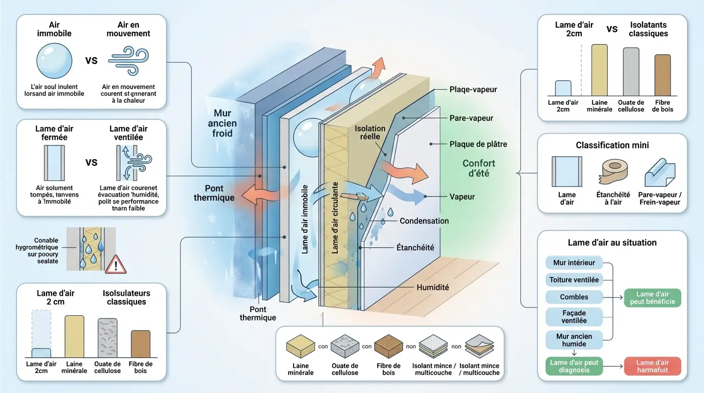 Infographie éducative sur l'isolant air, comparant lame d’air et isolants thermiques, avec schémas explicatifs.