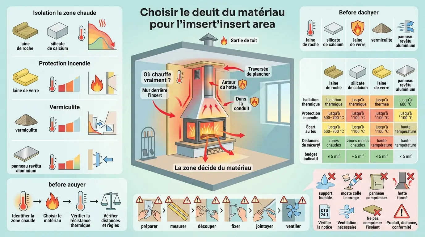 Infographie éducative sur l'isolant pour cheminée, montrant les zones à protéger et les matériaux adaptés pour chaque zone.