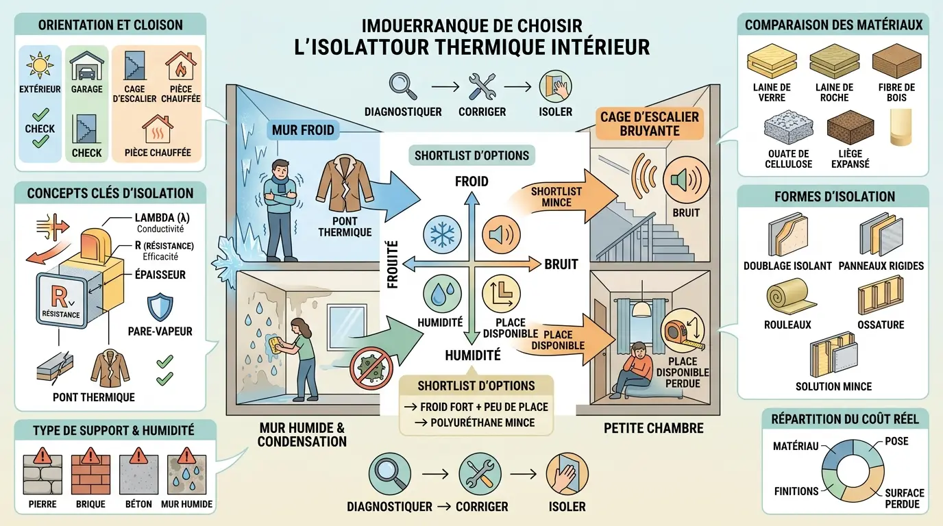 Infographie éducative sur l'isolant thermique mural, présentant choix et solutions pour murs froids, bruyants, humides et petits espaces.