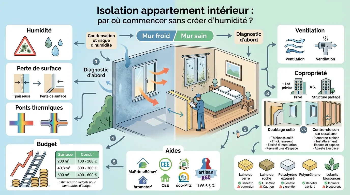 Infographie sur l'isolation appartement intérieur, montrant un mur froid, condensation, solutions d'isolation et budget.